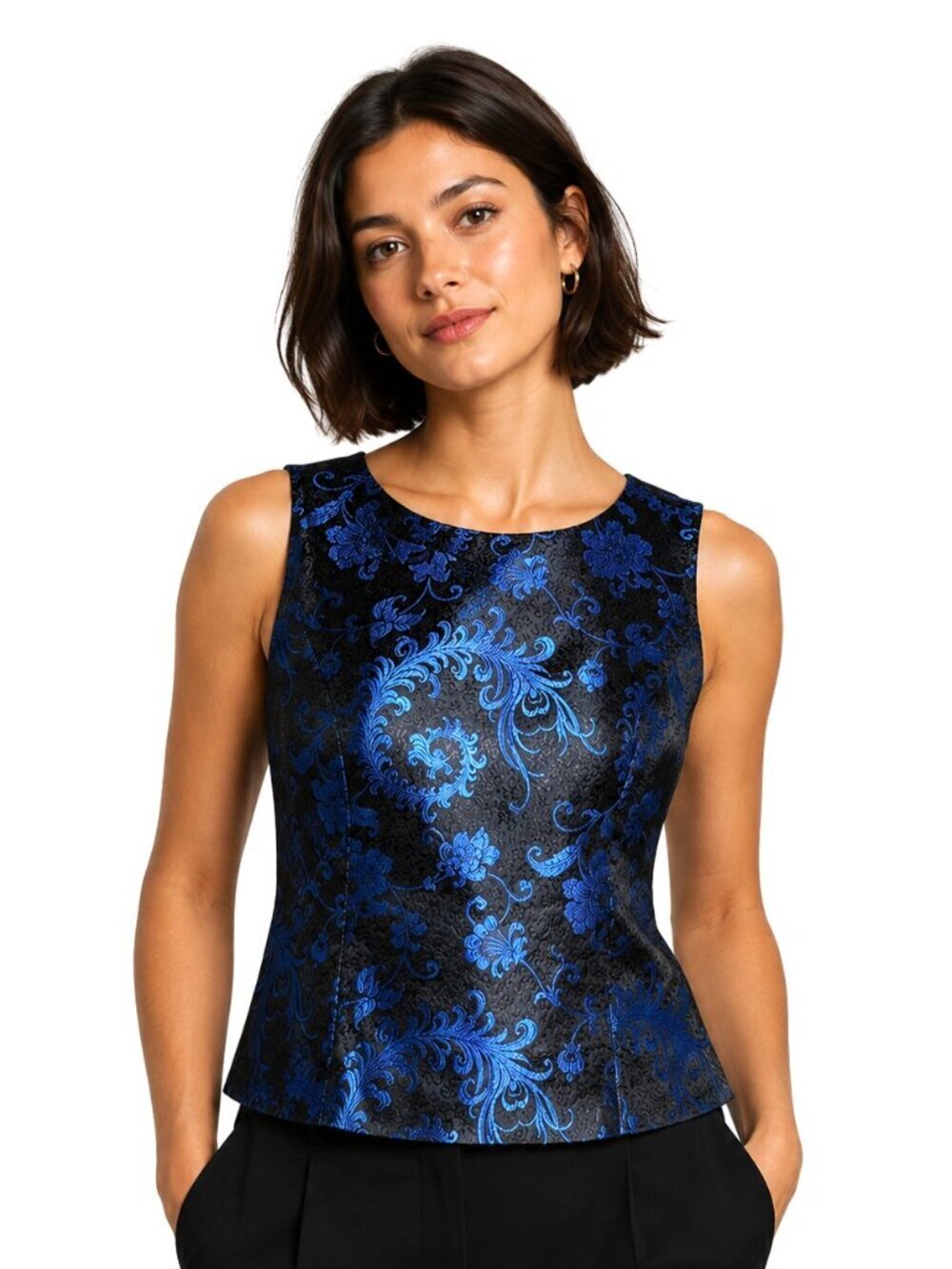 Royal Blue & Black Brocade Jacquard Tone-on-Tone Floral Sleeveless Top